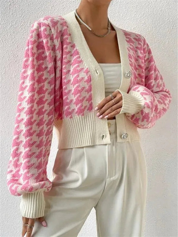 Women's Houndstooth Knit Cardigan V-Neck Lantern Sleeve Cropped Jewel-Button