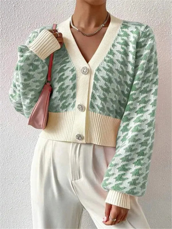Women's Houndstooth Knit Cardigan V-Neck Lantern Sleeve Cropped Jewel-Button
