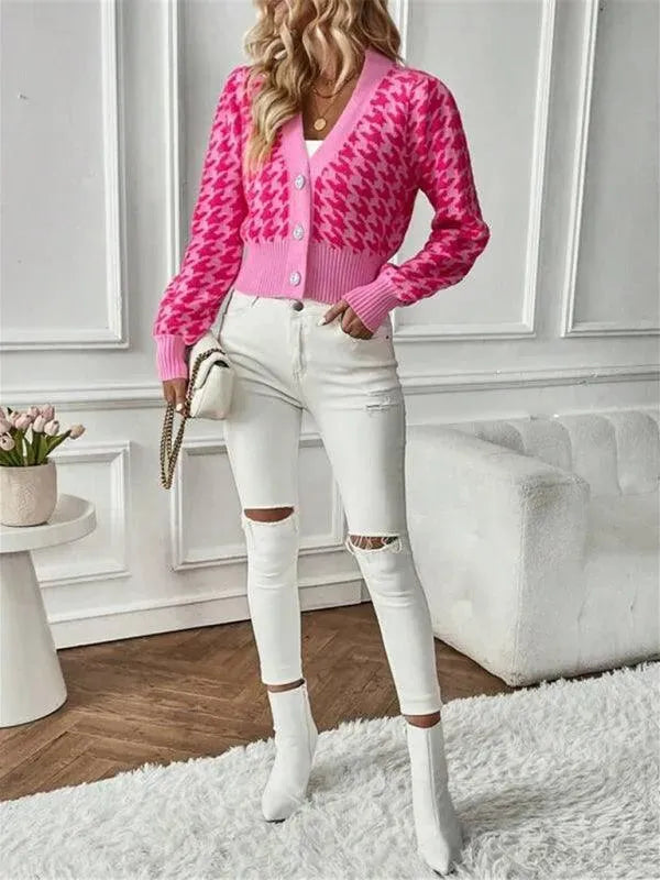 Women's Houndstooth Knit Cardigan V-Neck Lantern Sleeve Cropped Jewel-Button