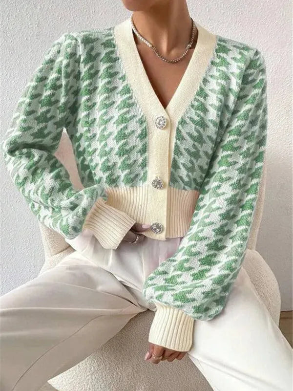 Women's Houndstooth Knit Cardigan V-Neck Lantern Sleeve Cropped Jewel-Button