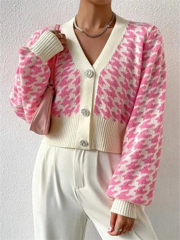 Women's Houndstooth Knit Cardigan V-Neck Lantern Sleeve Cropped Jewel-Button
