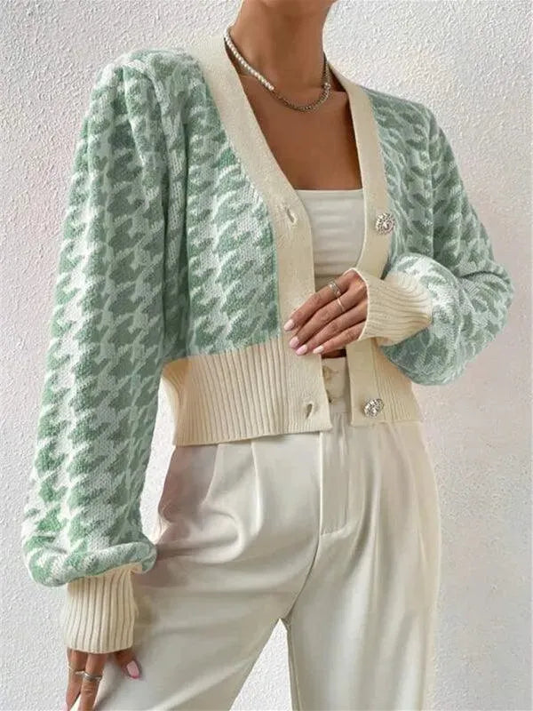 Women's Houndstooth Knit Cardigan V-Neck Lantern Sleeve Cropped Jewel-Button