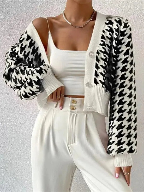 Women's Houndstooth Knit Cardigan V-Neck Lantern Sleeve Cropped Jewel-Button