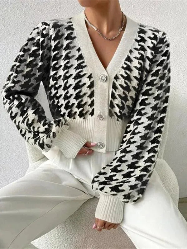Women's Houndstooth Knit Cardigan V-Neck Lantern Sleeve Cropped Jewel-Button