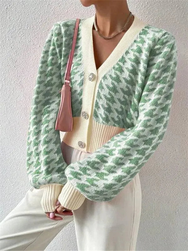 Women's Houndstooth Knit Cardigan V-Neck Lantern Sleeve Cropped Jewel-Button