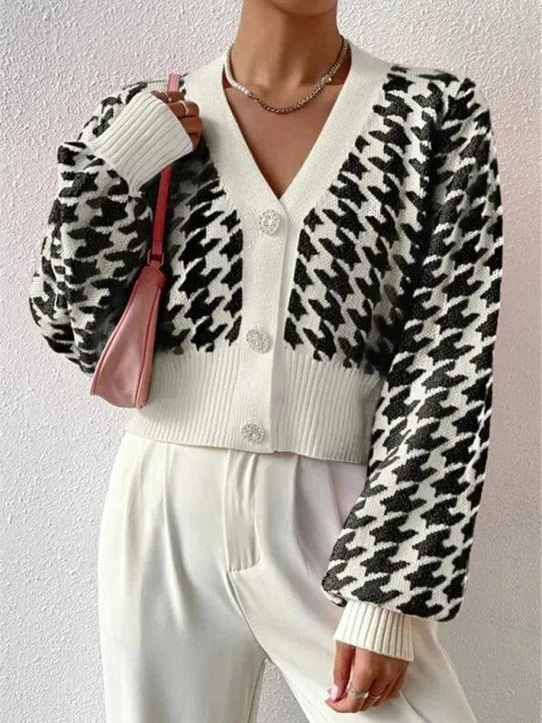 Women's Houndstooth Knit Cardigan V-Neck Lantern Sleeve Cropped Jewel-Button