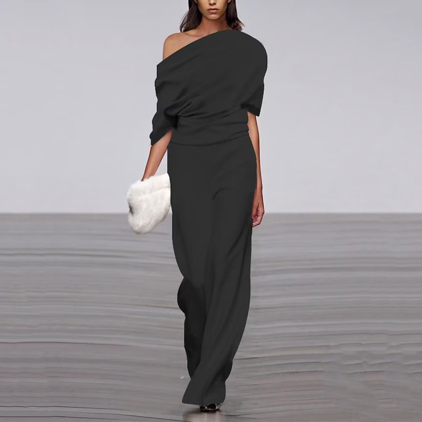 Women's One-Shoulder Wide Leg Jumpsuit Asymmetric Ruched Short Sleeve Elegant