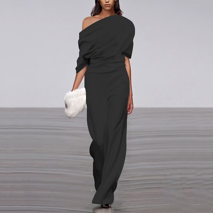 Women's One-Shoulder Wide Leg Jumpsuit Asymmetric Ruched Short Sleeve Elegant