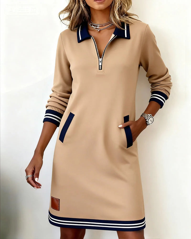 Women's Zip Polo Collar Sweater Dress Long-Sleeve Contrast Stripe Pocket Mini
