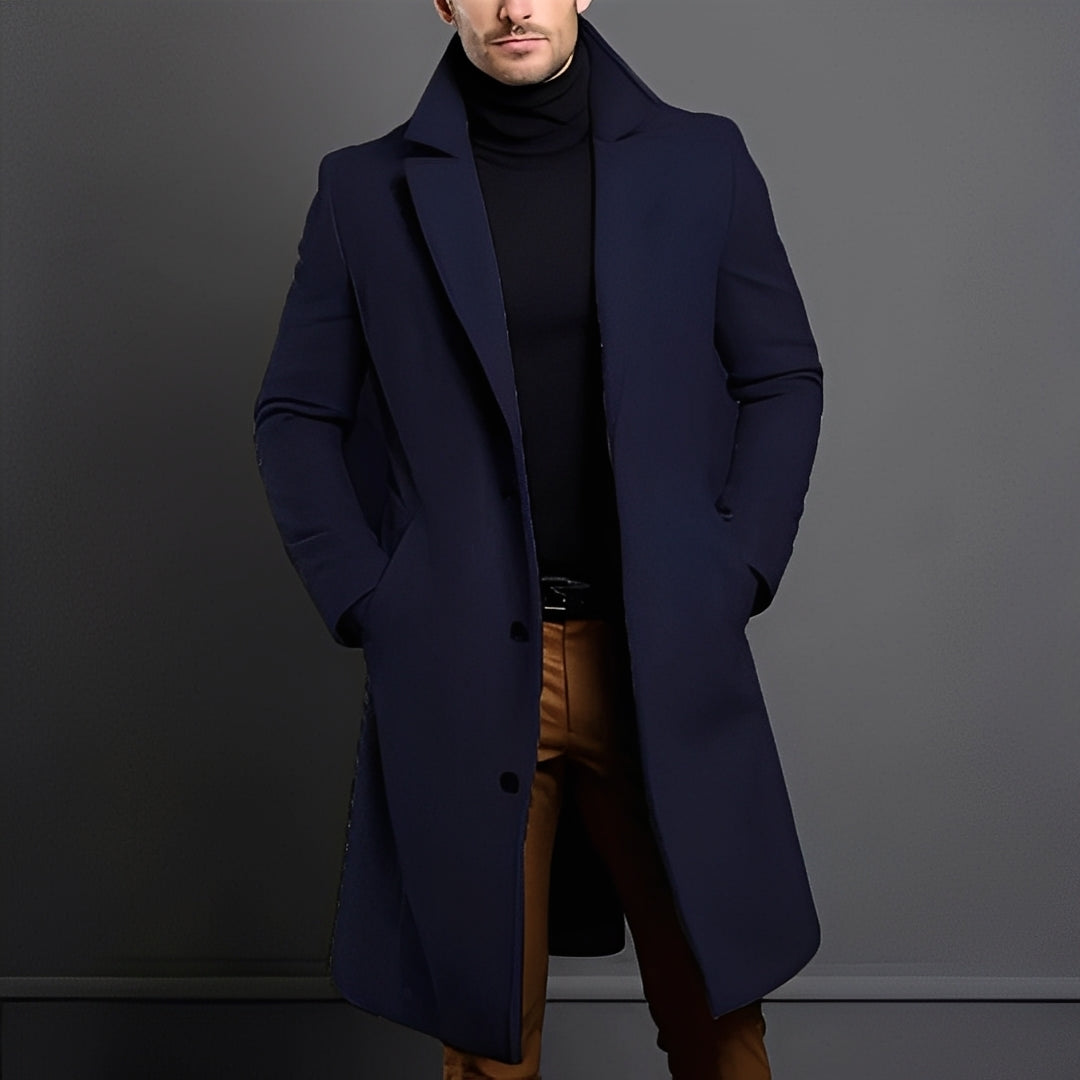 Men's Wool Blend Trench Coat Notch Lapel Single-Breasted Longline