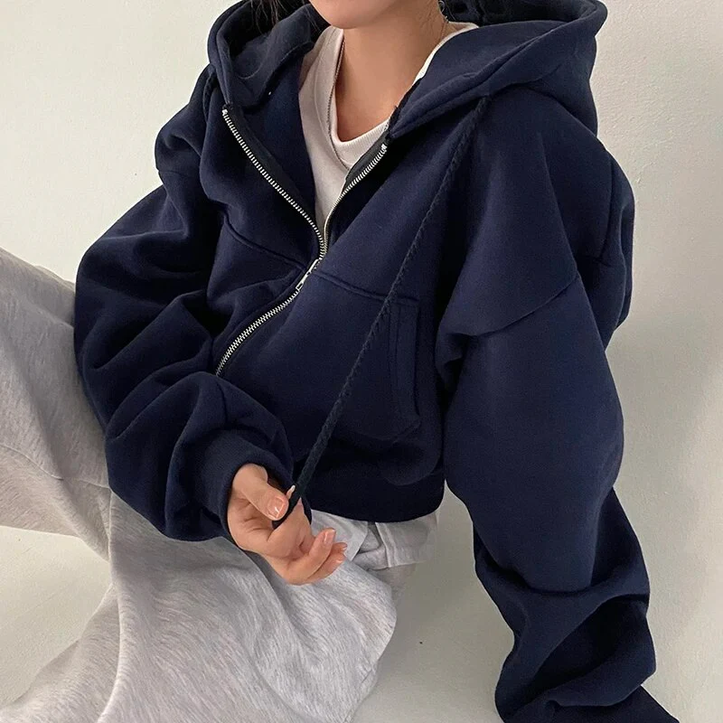 Comfortable Oversized Zip Up Hoodie for Women with Drawstring Hood Cropped Fleece Lined Style
