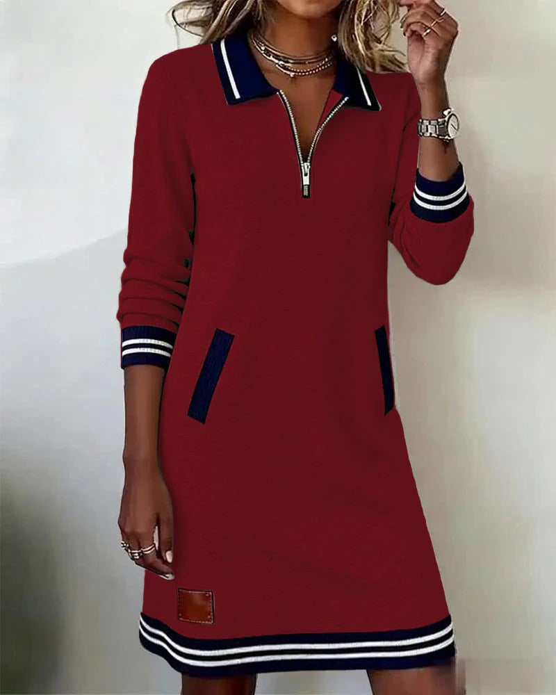 Women's Zip Polo Collar Sweater Dress Long-Sleeve Contrast Stripe Pocket Mini
