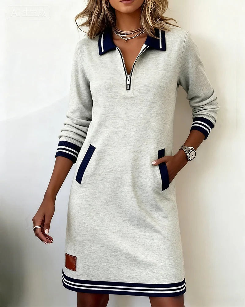 Women's Zip Polo Collar Sweater Dress Long-Sleeve Contrast Stripe Pocket Mini