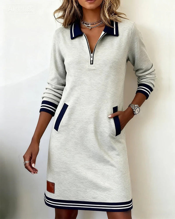 Women's Zip Polo Collar Sweater Dress Long-Sleeve Contrast Stripe Pocket Mini