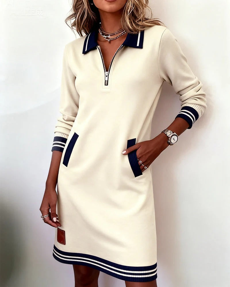 Women's Zip Polo Collar Sweater Dress Long-Sleeve Contrast Stripe Pocket Mini