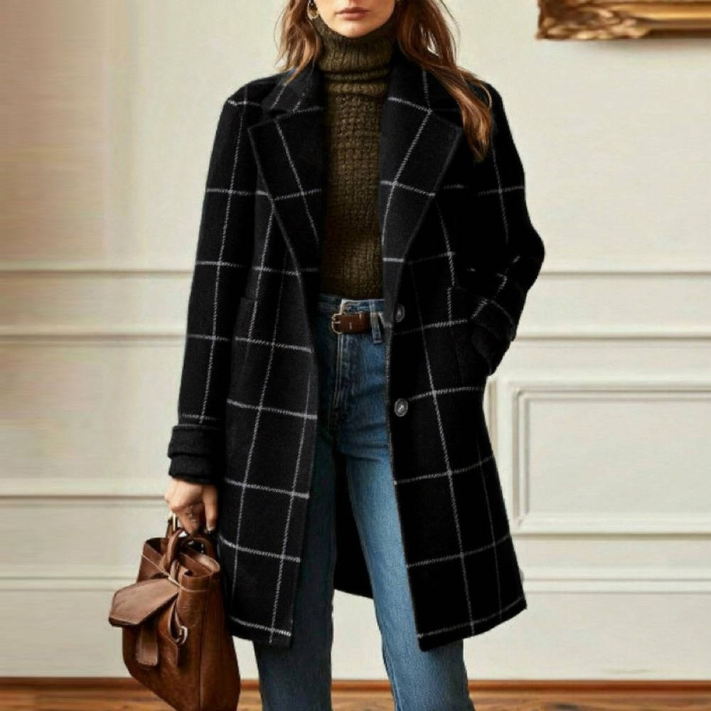 Women's Tweed Wool Coat Plaid Notch Lapel Button-Front Retro Long Winter Overcoat