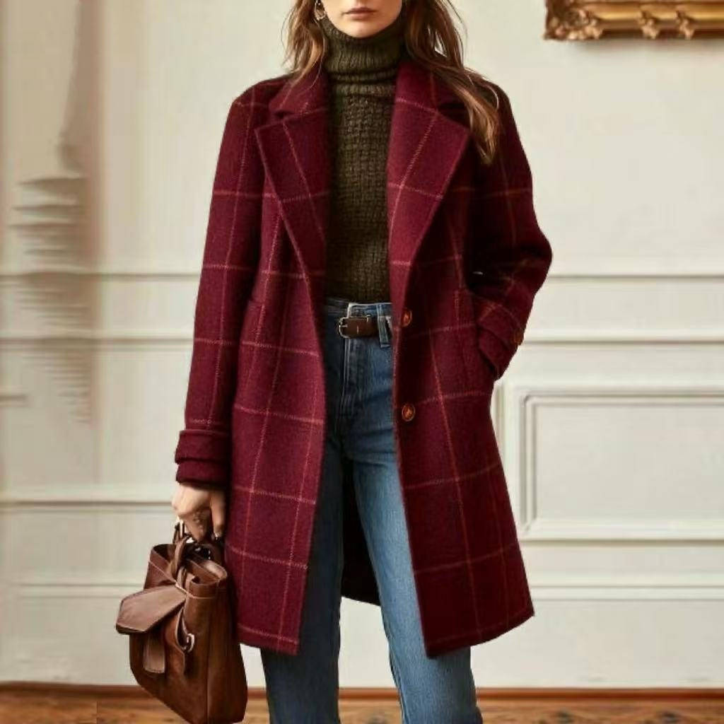 Women's Tweed Wool Coat Plaid Notch Lapel Button-Front Retro Long Winter Overcoat