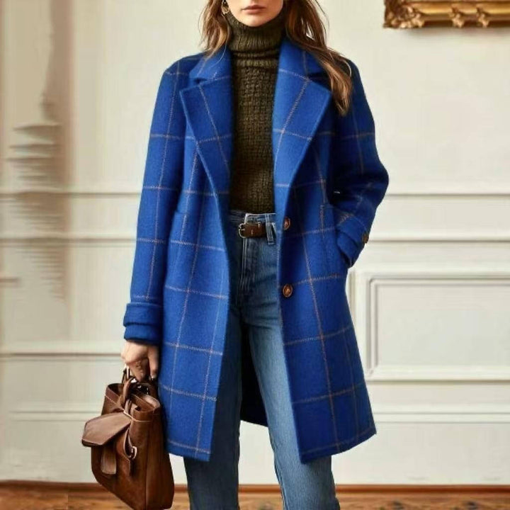 Women's Tweed Wool Coat Plaid Notch Lapel Button-Front Retro Long Winter Overcoat