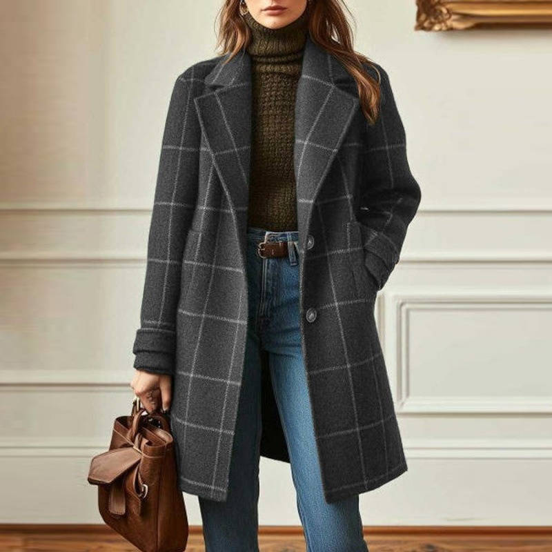 Women's Tweed Wool Coat Plaid Notch Lapel Button-Front Retro Long Winter Overcoat