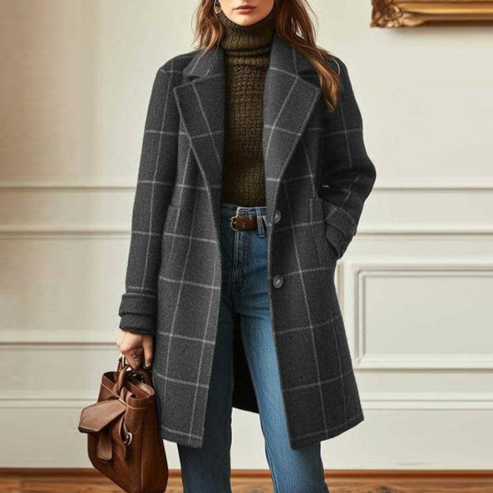 Women's Tweed Wool Coat Plaid Notch Lapel Button-Front Retro Long Winter Overcoat