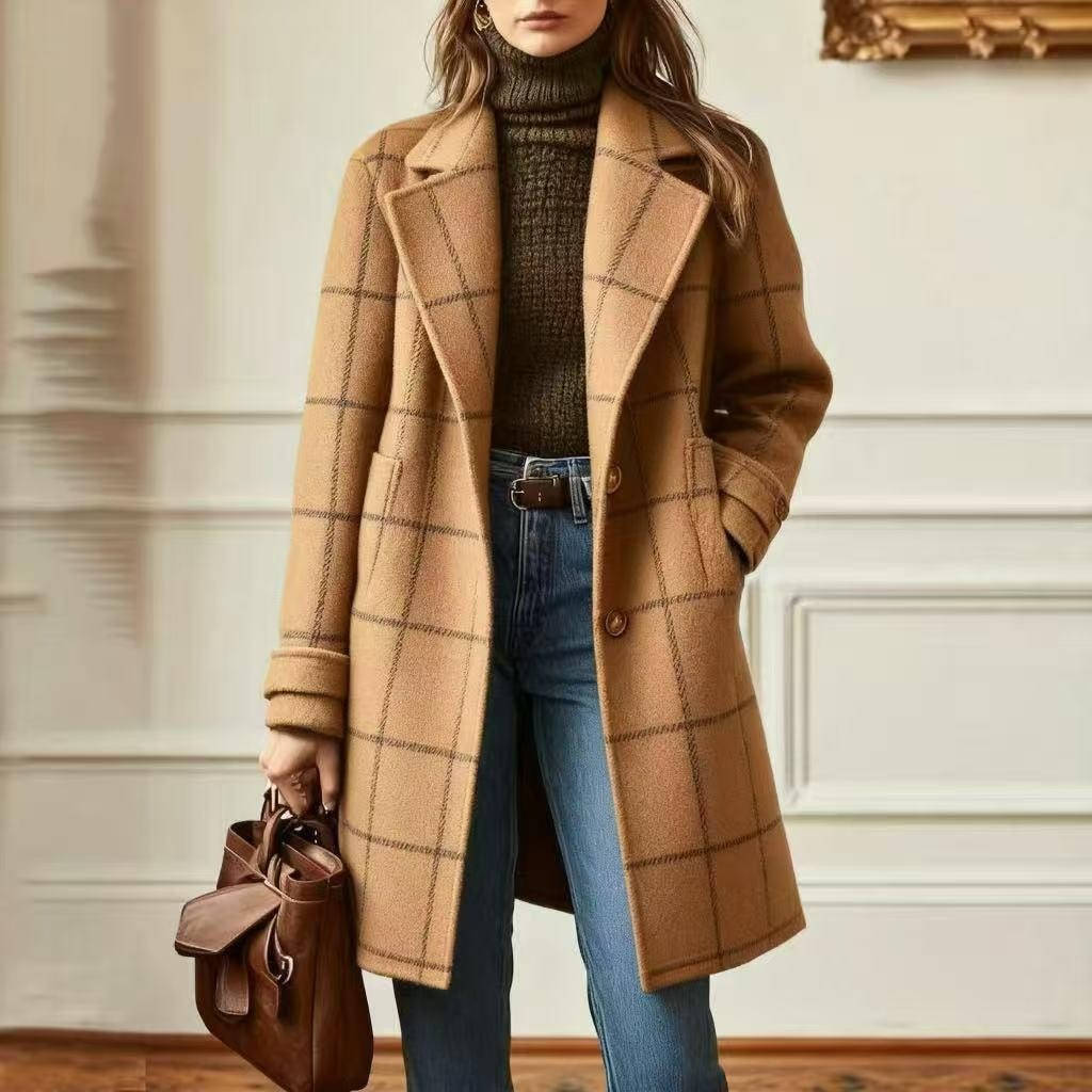 Women's Tweed Wool Coat Plaid Notch Lapel Button-Front Retro Long Winter Overcoat