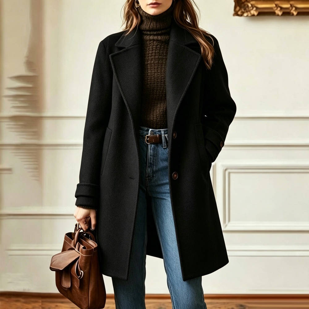 Women's Tweed Wool Coat Plaid Notch Lapel Button-Front Retro Long Winter Overcoat