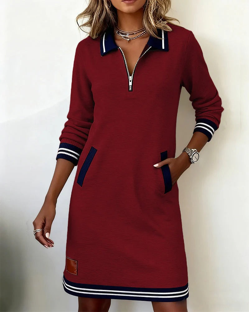 Women's Zip Polo Collar Sweater Dress Long-Sleeve Contrast Stripe Pocket Mini