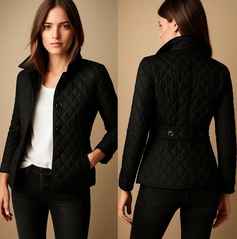 Women's Diamond Quilted Jacket Stand Collar Button-Front Lightweight Padded Winter Coat