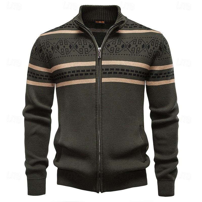 Men's Fair Isle Zip-Up Cardigan Stand Collar Nordic Knit Festive