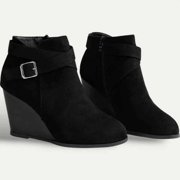 Women's Black Suede Wedge Ankle Boots Buckle Strap Side Zip Round Toe