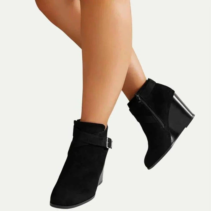 Women's Black Suede Wedge Ankle Boots Buckle Strap Side Zip Round Toe