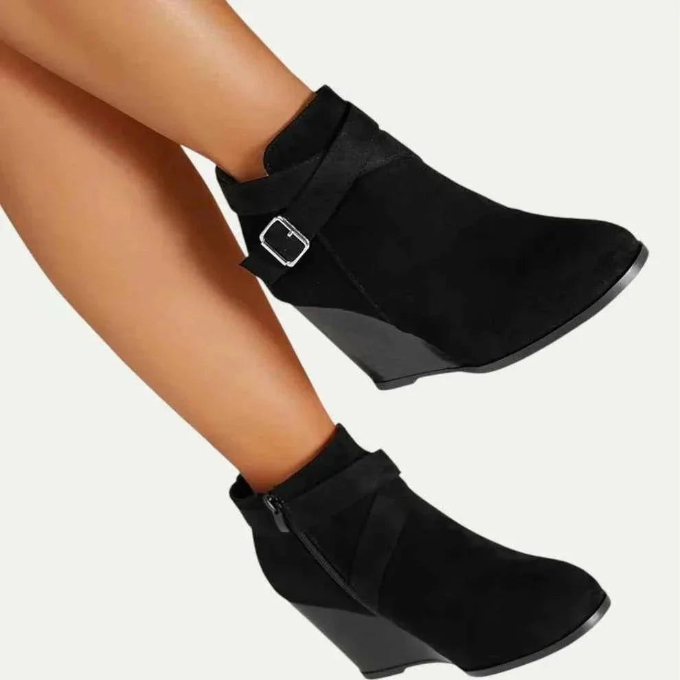 Women's Black Suede Wedge Ankle Boots Buckle Strap Side Zip Round Toe