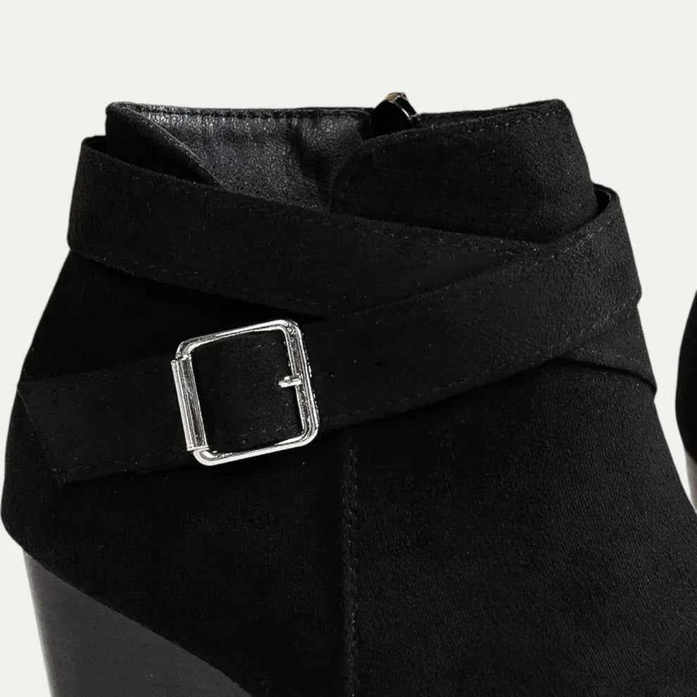 Women's Black Suede Wedge Ankle Boots Buckle Strap Side Zip Round Toe