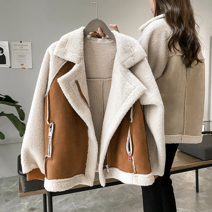 Women's Faux Shearling Suede Aviator Coat Oversized Zip-Up Winter