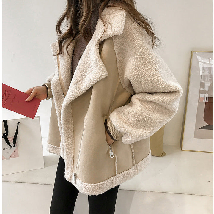 Women's Faux Shearling Suede Aviator Coat Oversized Zip-Up Winter