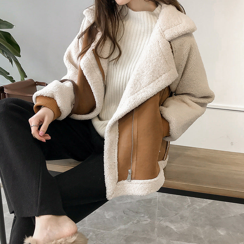 Women's Faux Shearling Suede Aviator Coat Oversized Zip-Up Winter
