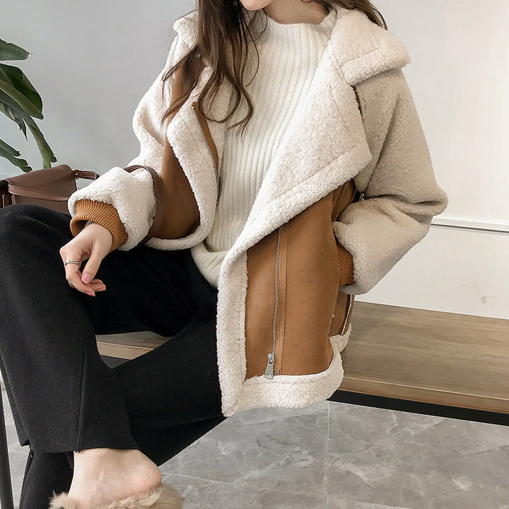 Women's Faux Shearling Suede Aviator Coat Oversized Zip-Up Winter