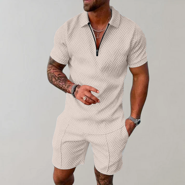 Men's Textured Zip-Polo Shorts Set Short-Sleeve Jacquard Two-Piece Casual