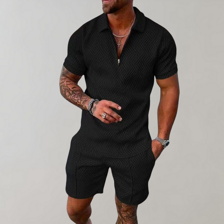 Men's Textured Zip-Polo Shorts Set Short-Sleeve Jacquard Two-Piece Casual