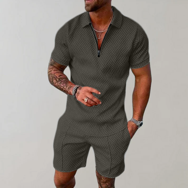 Men's Textured Zip-Polo Shorts Set Short-Sleeve Jacquard Two-Piece Casual
