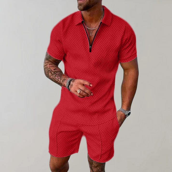 Men's Textured Zip-Polo Shorts Set Short-Sleeve Jacquard Two-Piece Casual