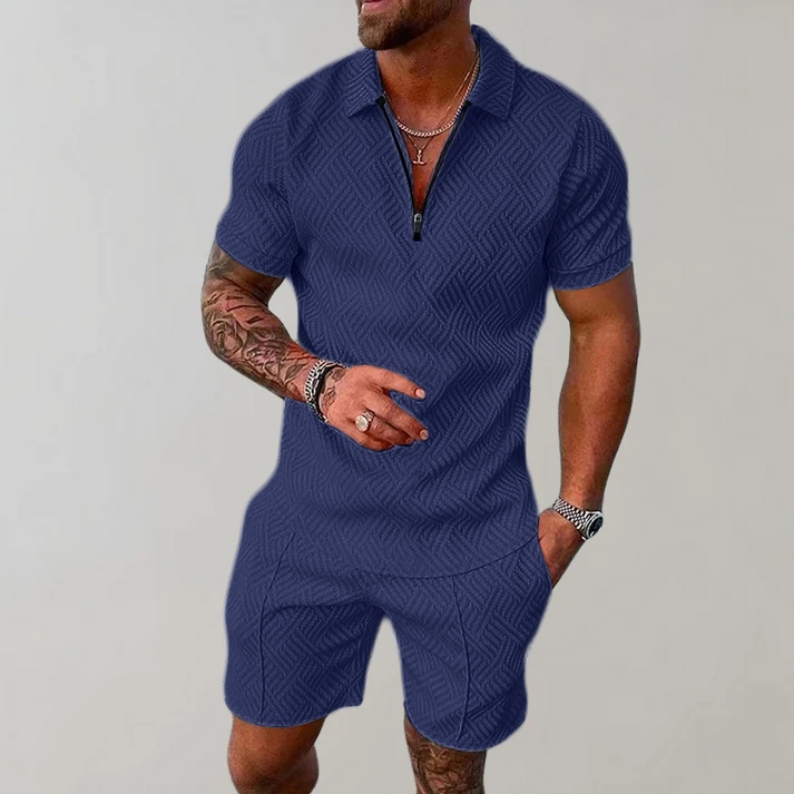 Men's Textured Zip-Polo Shorts Set Short-Sleeve Jacquard Two-Piece Casual