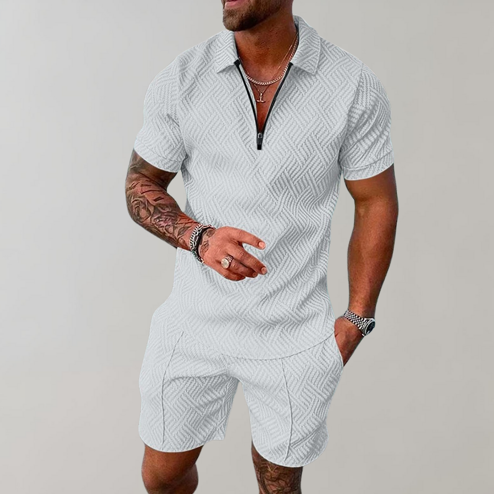 Men's Textured Zip-Polo Shorts Set Short-Sleeve Jacquard Two-Piece Casual