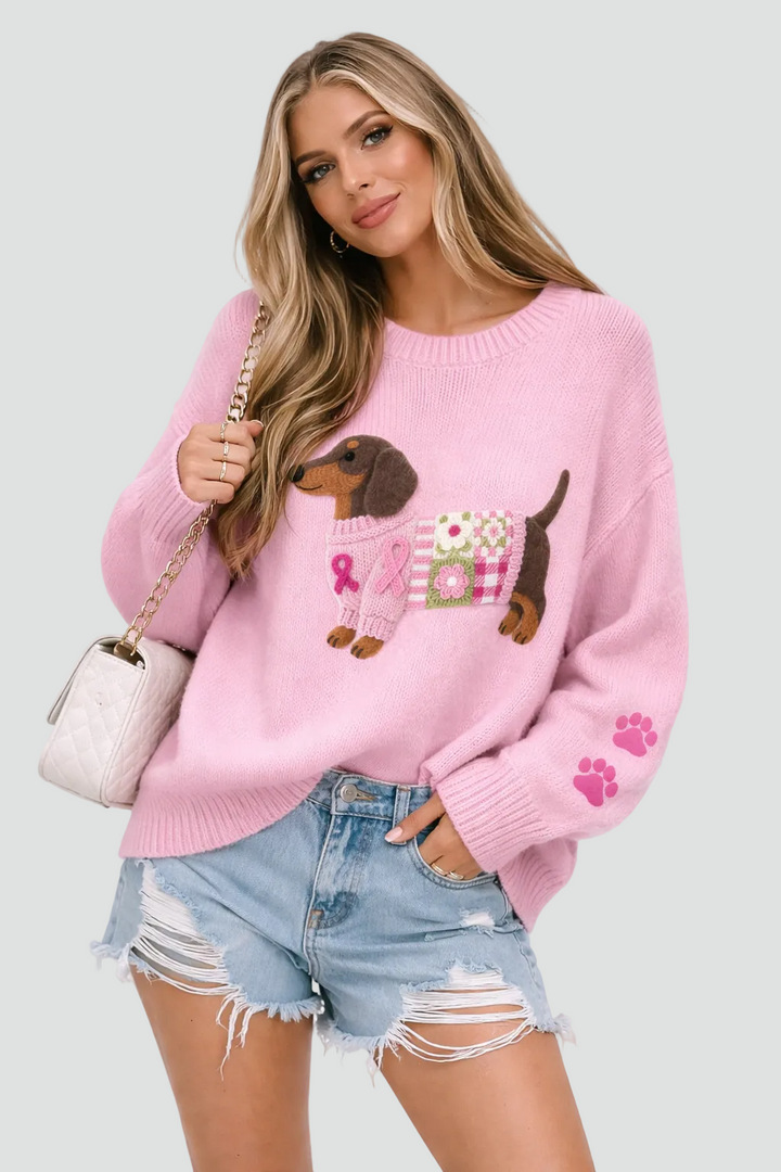 Women's Dog Print Knit Sweater Round Neck Long-Sleeve Oversized Jumper
