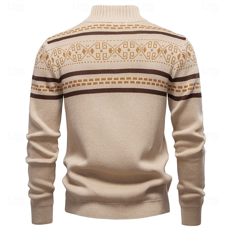 Men's Fair Isle Zip-Up Cardigan Stand Collar Nordic Knit Festive