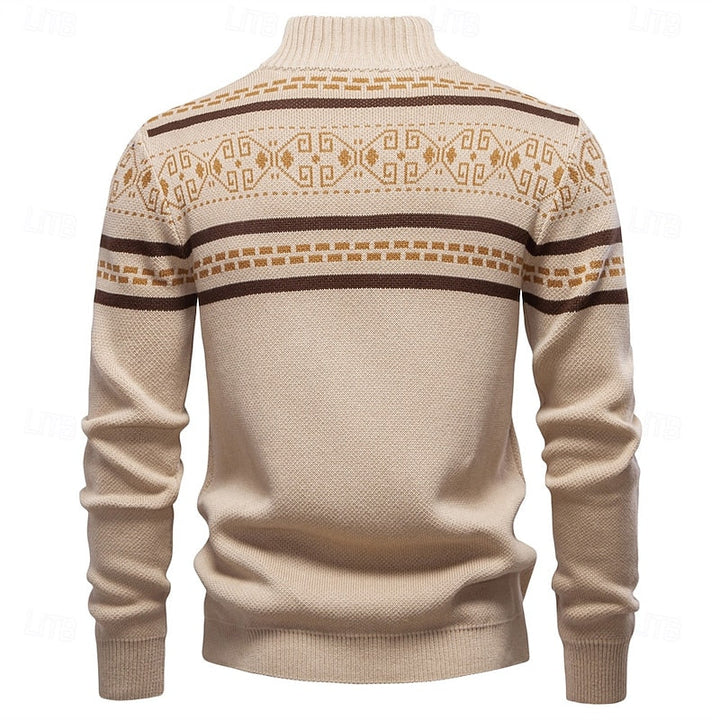 Men's Fair Isle Zip-Up Cardigan Stand Collar Nordic Knit Festive