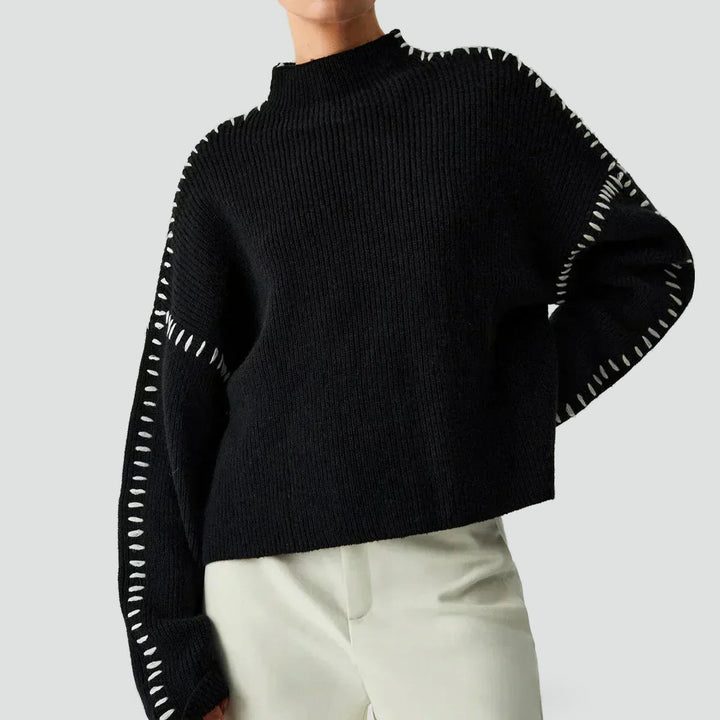 Women's Oversized Knit Sweater Mock Turtleneck Contrast Stitch Relaxed Pullover