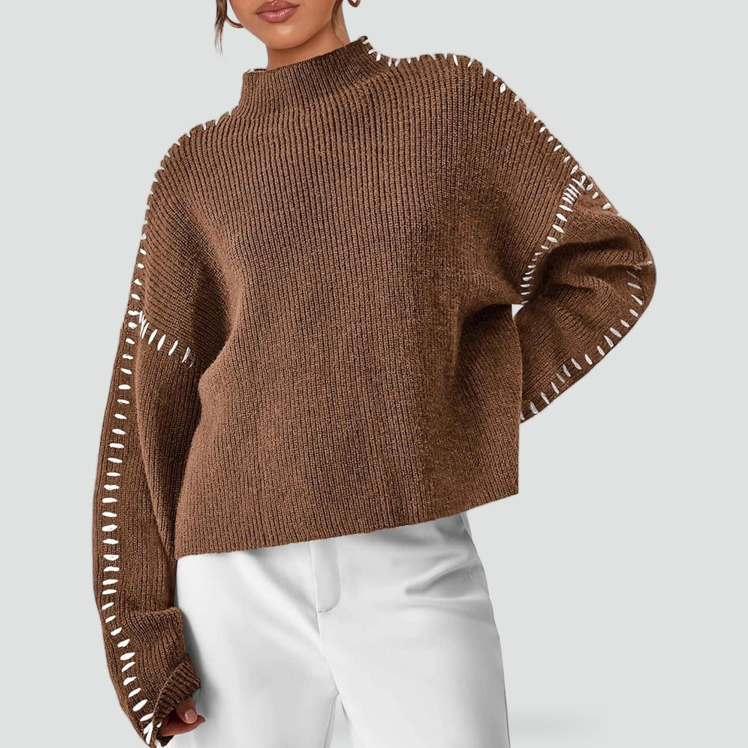 Women's Oversized Knit Sweater Mock Turtleneck Contrast Stitch Relaxed Pullover