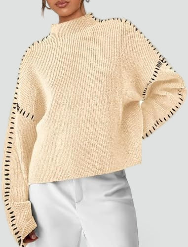 Women's Oversized Knit Sweater Mock Turtleneck Contrast Stitch Relaxed Pullover