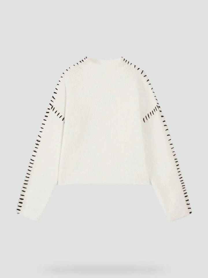 Women's Oversized Knit Sweater Mock Turtleneck Contrast Stitch Relaxed Pullover
